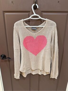 Wooden Ships M/L Women's Cream Knit Sweater with Pink Heart